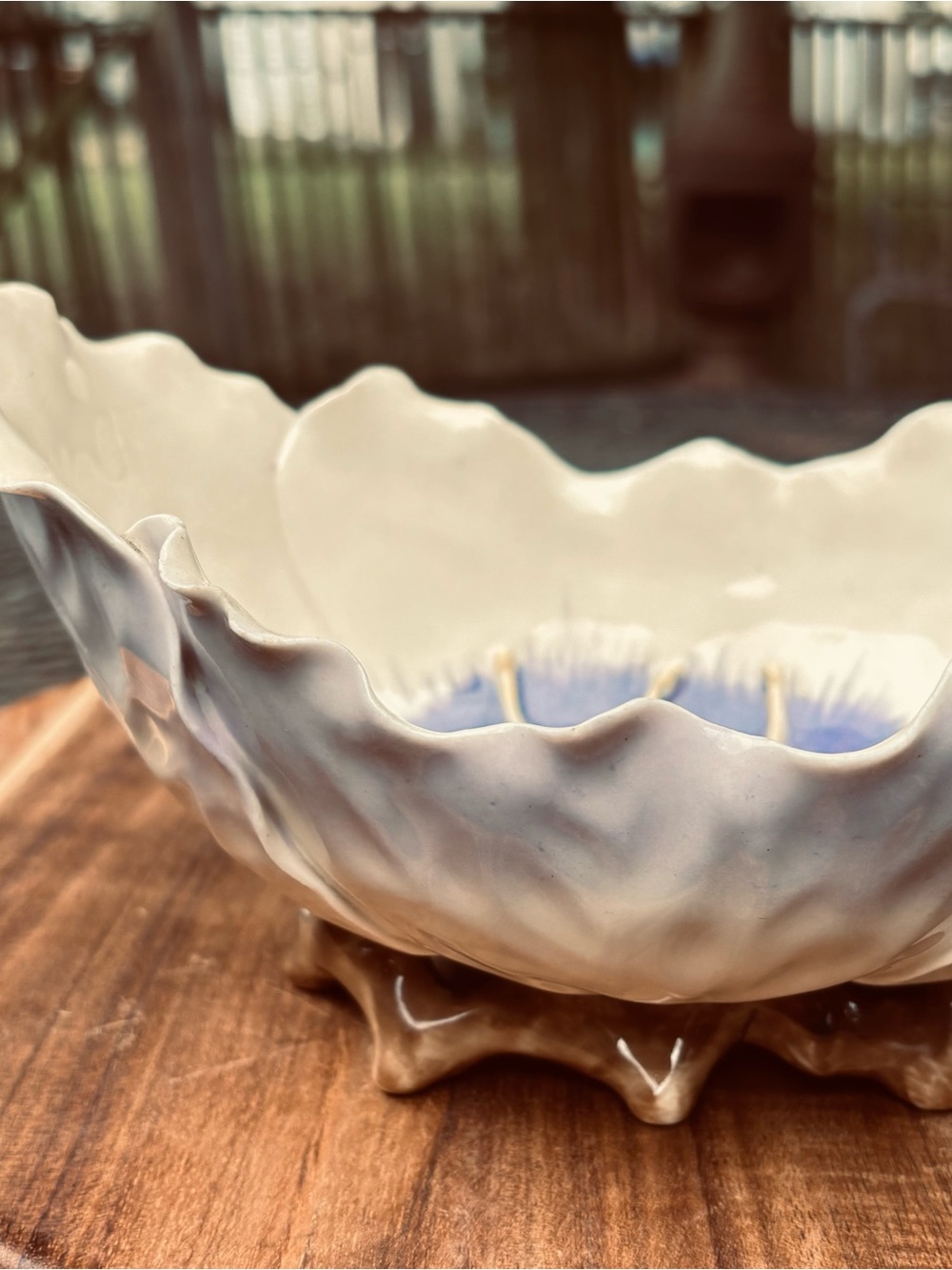 Austrian Ceramic Flower Bowl in White with Blue and Orange Accent - Picture 2 of 6